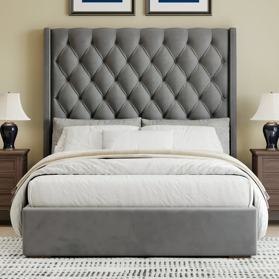 Modern 67" Tall Headboard Upholstered Queen Size Bed with Handmade Deep Button Tufted, Grey