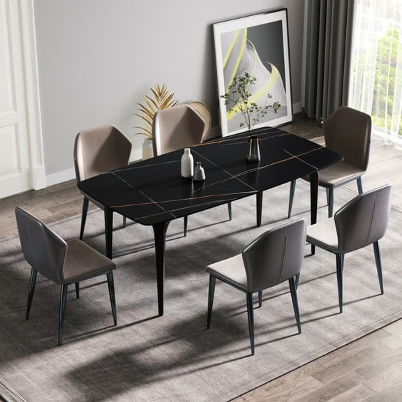 Modern 68.76" Black Dining Table - Sintered Stone & Metal, Fits 6-8, High Hardness, Stainproof, Easy To Clean And Desk Accommodates Legs, Stains Heat, Tidy