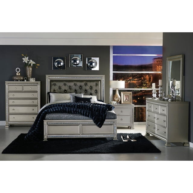 Modern 6pc Bedroom Queen Bed Button-Tufted Headboard Dresser Mirror ...