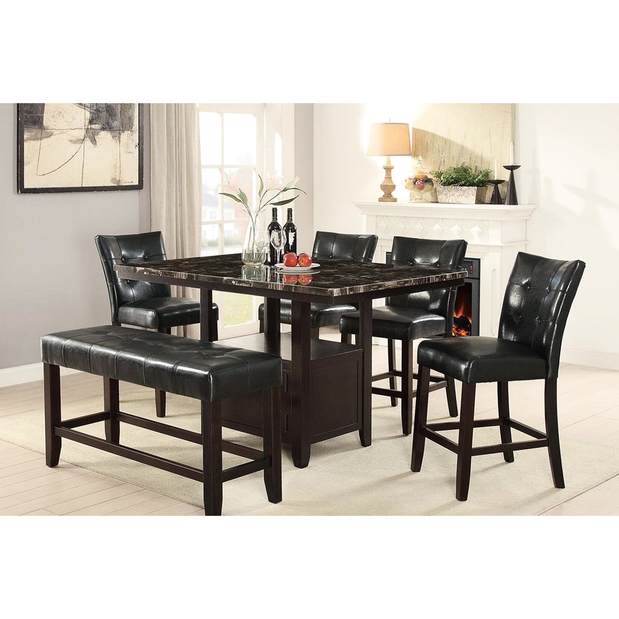Modern 6pc Counter Height Dining , Faux Marble Table With Storage ...