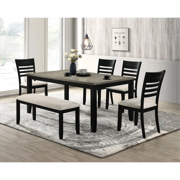 Modern 6pc Dining Ensemble - Rectangular Wood Table, Back Chairs, Upholstered Bench In Black And Gray Stylish Configuration Tabletop, Contemporary Design Look