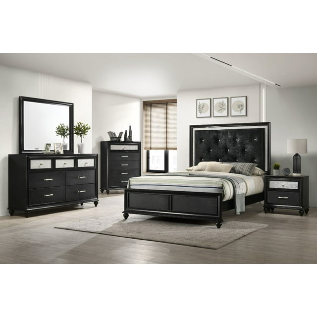 Modern 6pc Full Size Bedroom Set Black Finish Upholstered Panel Bed