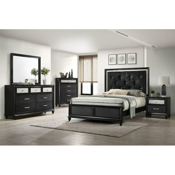 Modern 6pc Full Size Bedroom Set Black Finish Upholstered Panel Bed Dresser Mirror Nightstand Chest