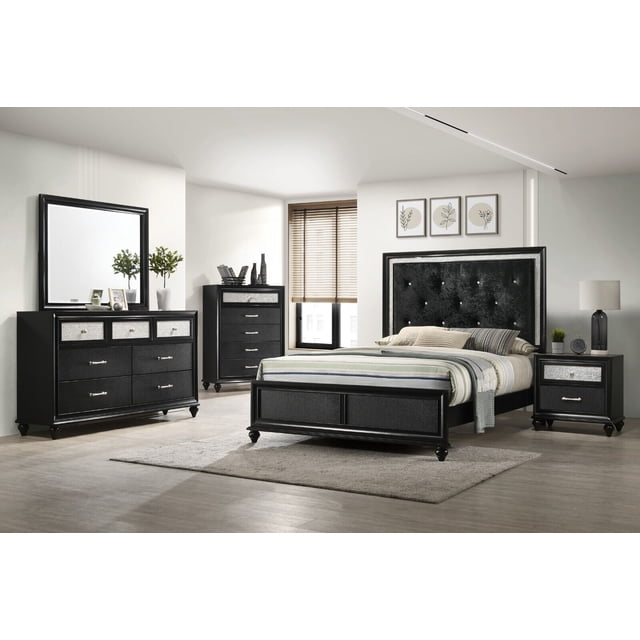 Modern 6pc King Size Bedroom Set Black Finish Upholstered Panel Bed ...
