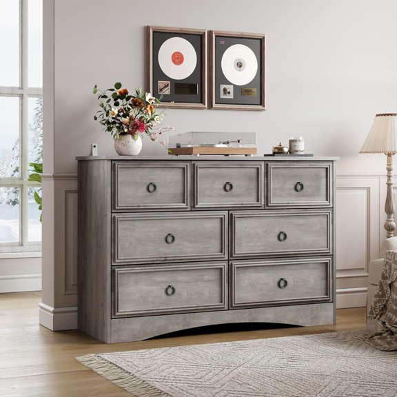 Modern 7-Drawer Dresser with Deep Storage for Bedroom and Living Room, Gray Wash