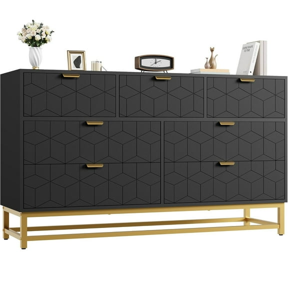 Modern 7-Drawer Dresser with Gold Metal Legs, Black Stylish Storage Chest for Bedroom, Closet or Living Room