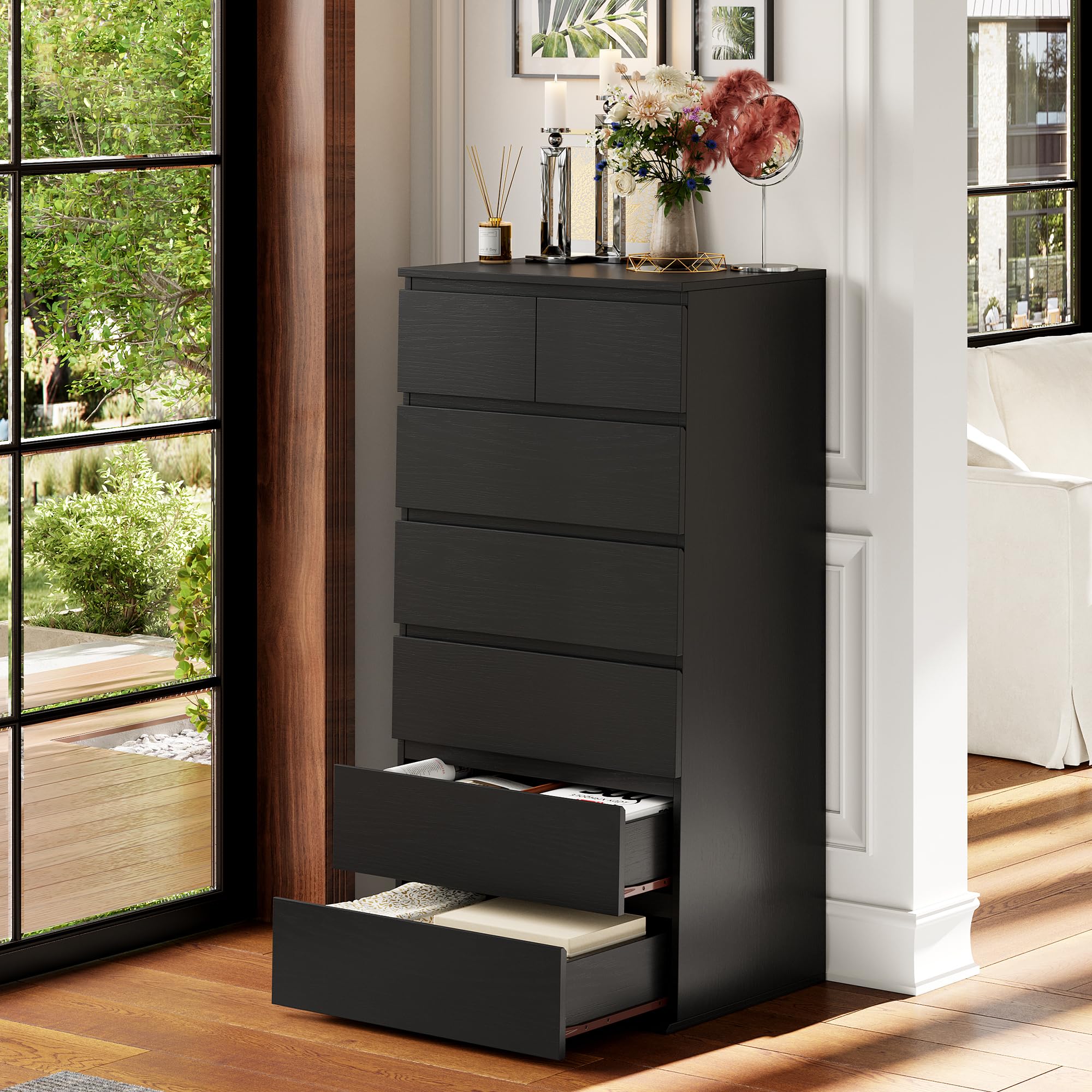Modern 7 Drawer Tall Dresser, Black Chest of Drawers for Bedroom Closet ...