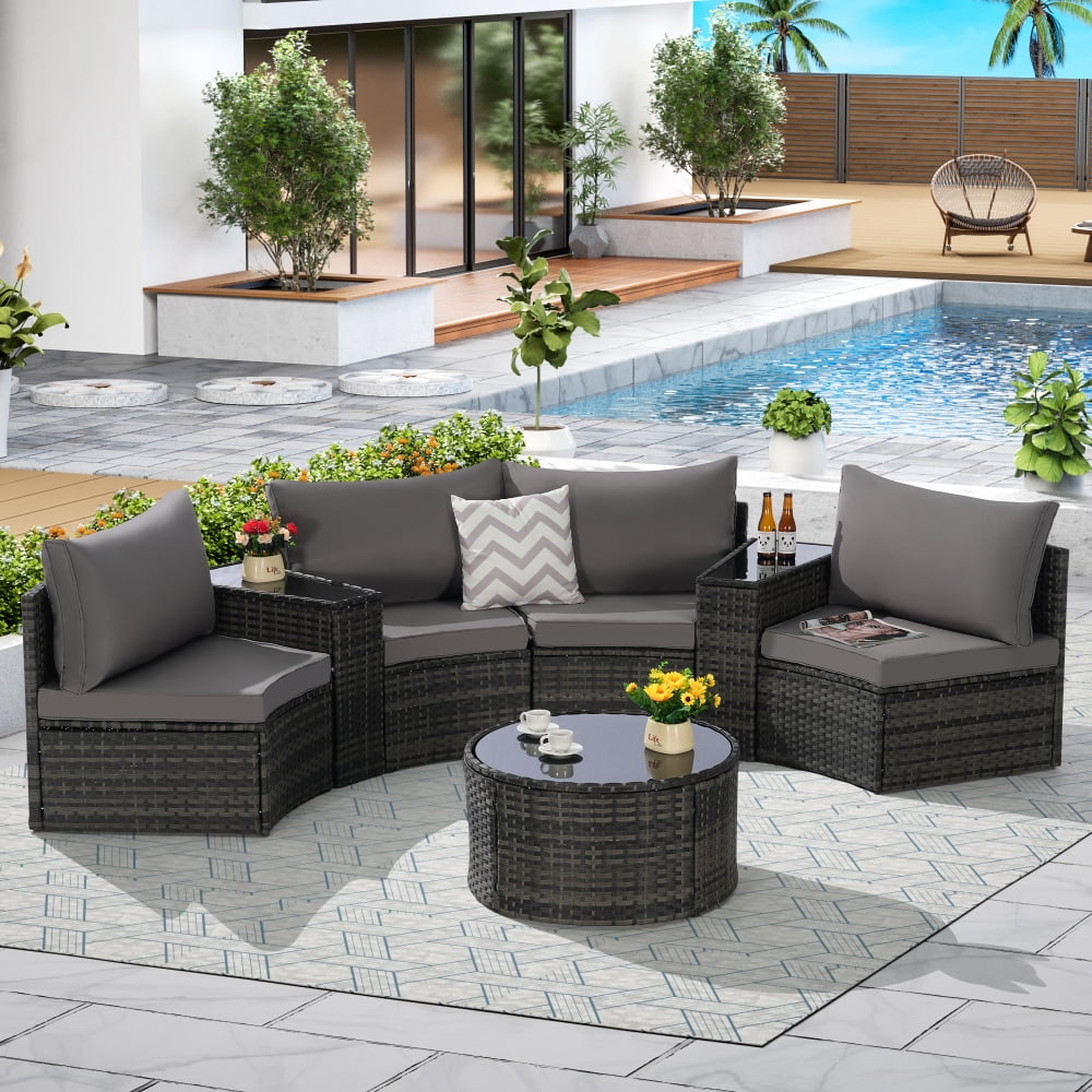 Modern 7 Pcs Outdoor Furniture Set (1 Coffee Table, 2 Side Table, 4 Curved Armless Sofa), Half-Moon Sectional Patio Furniture Set for Backyard, Poolside, 4 Available Color Cushion