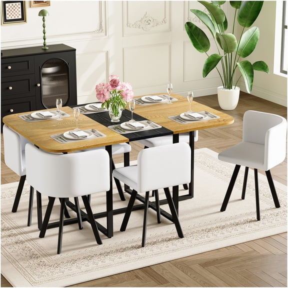 Modern 7-Piece Dining Set for 6, Rectangular Table with Two-Tone Wood Grain Top and 6 White Leather Chairs, Black Metal Frame Kitchen Table Set for Small Space