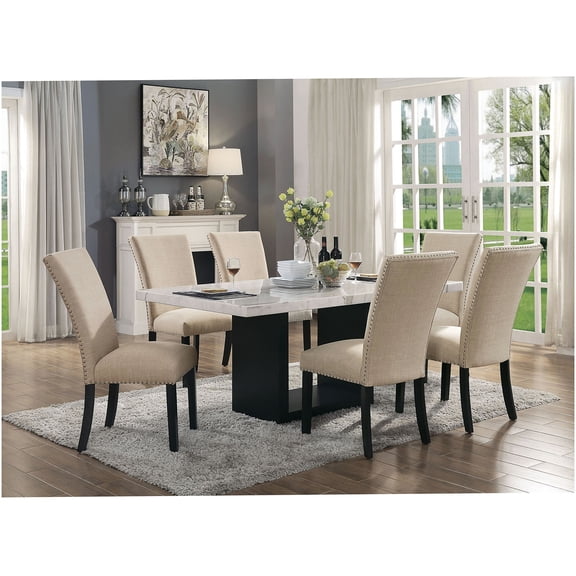 Modern 7-Piece Dining Table Set with Genuine Marble Top and 6 Upholstered Chairs
