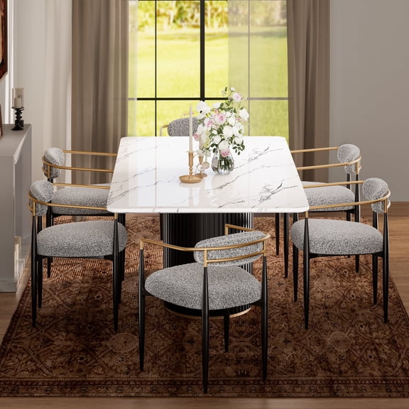 Modern 7-Piece Faux Marble Dining Table Top with 6 Boucle Chairs in Gray Dining Room Set for Kitchen