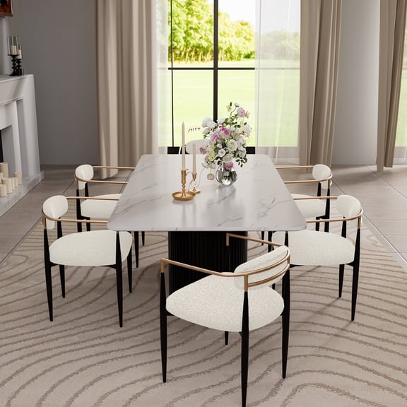 Modern 7-Piece Faux Marble Dining Table Top with Boucle Chairs in White Dining Room Set for Kitchen