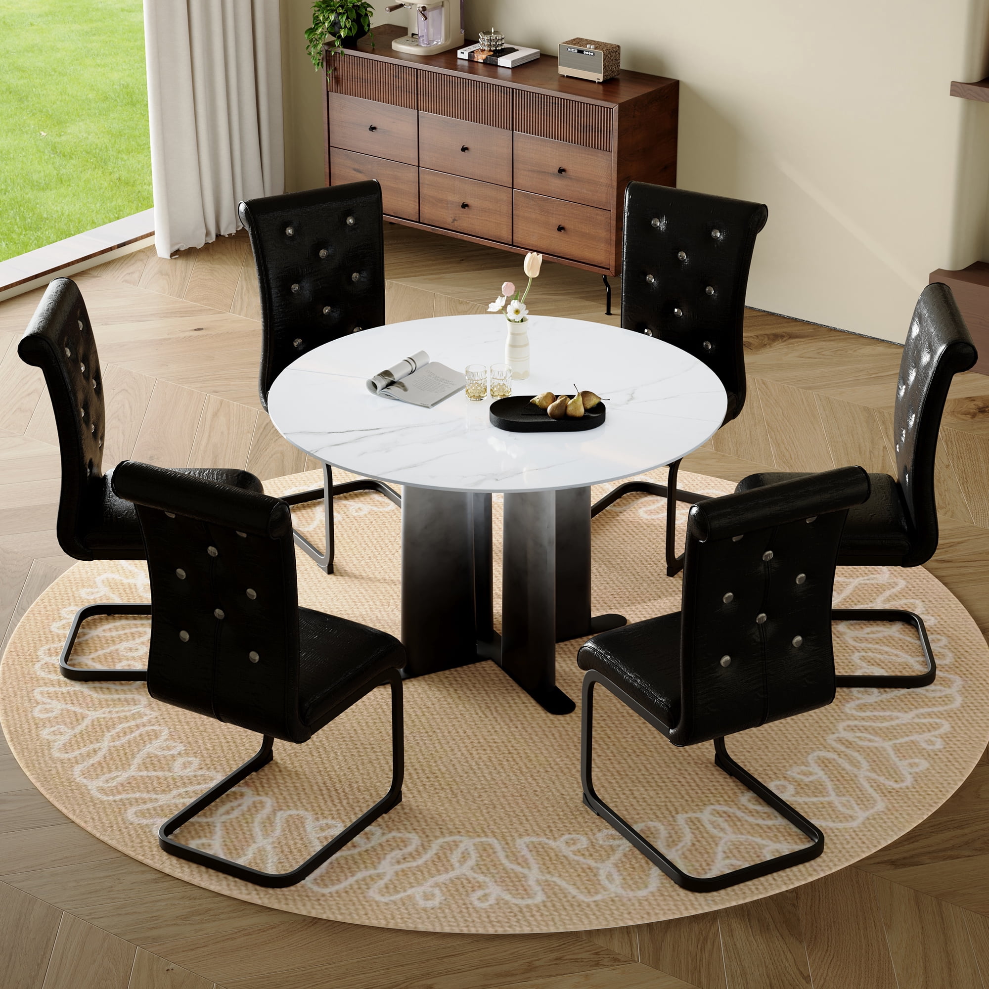 Modern 7-Piece Round Dining Table Set with 6 Chairs, White Faux Marble ...