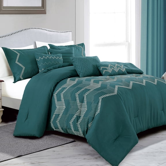 Modern 7-Piece Teal Comforter Set with Chevron Embroidery – Soft Microfiber Bedding with Shams & Decorative Pillows - All Season Bed in a Bag, OEKO-TEX Certified (Kefira, King)