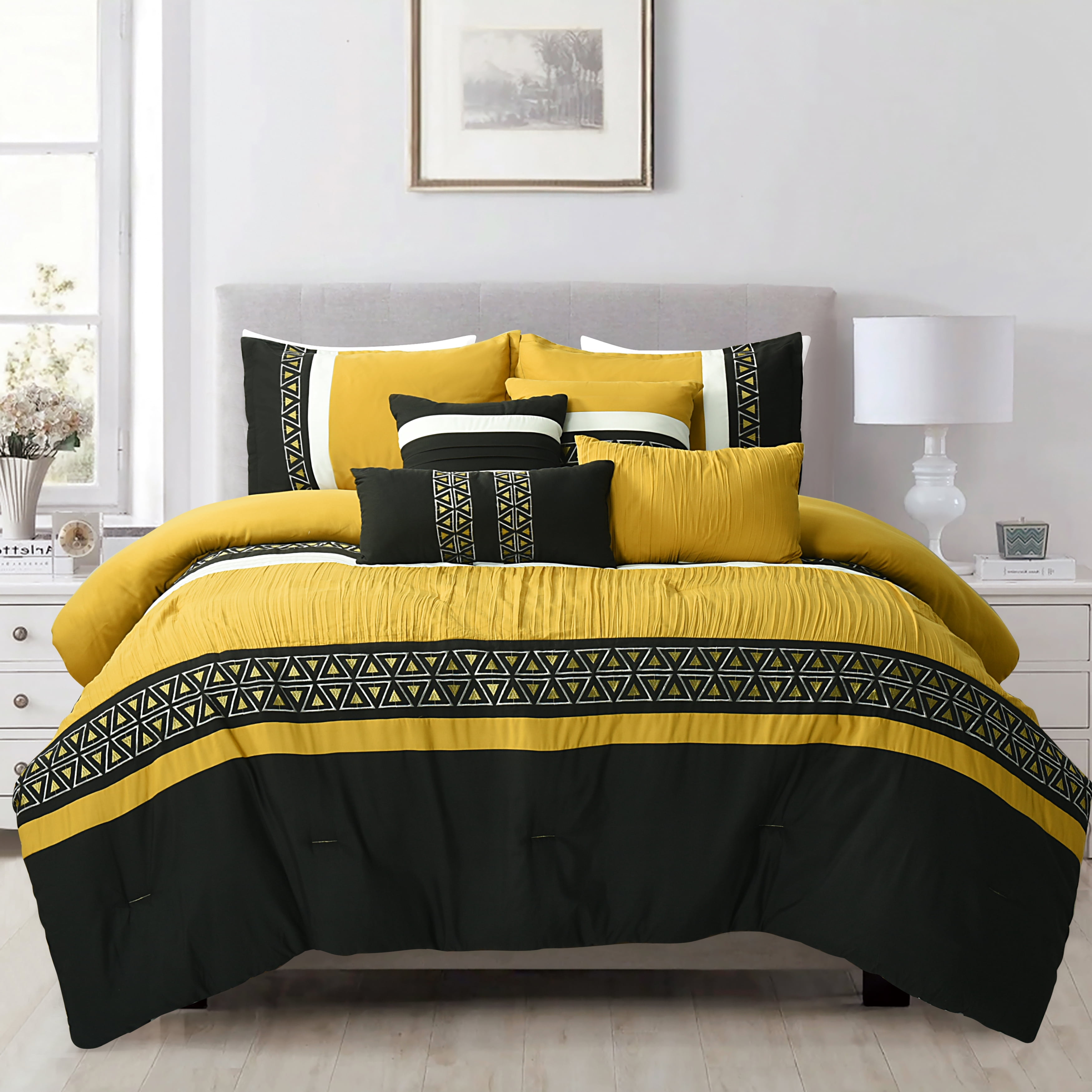 7-Piece Yellow Queen Embroidered Comforter Set