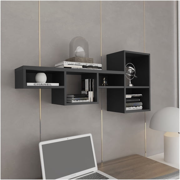 Modern 7-Tier Cube Storage Wall Shelf, Freestanding Organizer Rack for Living Room, Office, Bedroom in Black