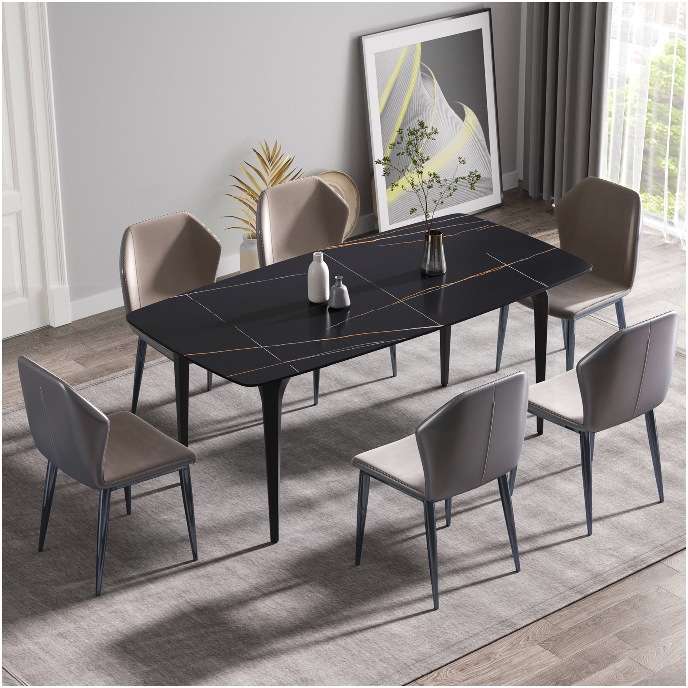 Modern 70.87 Inch Sintered Stone Dining Table with Curved Metal Legs ...