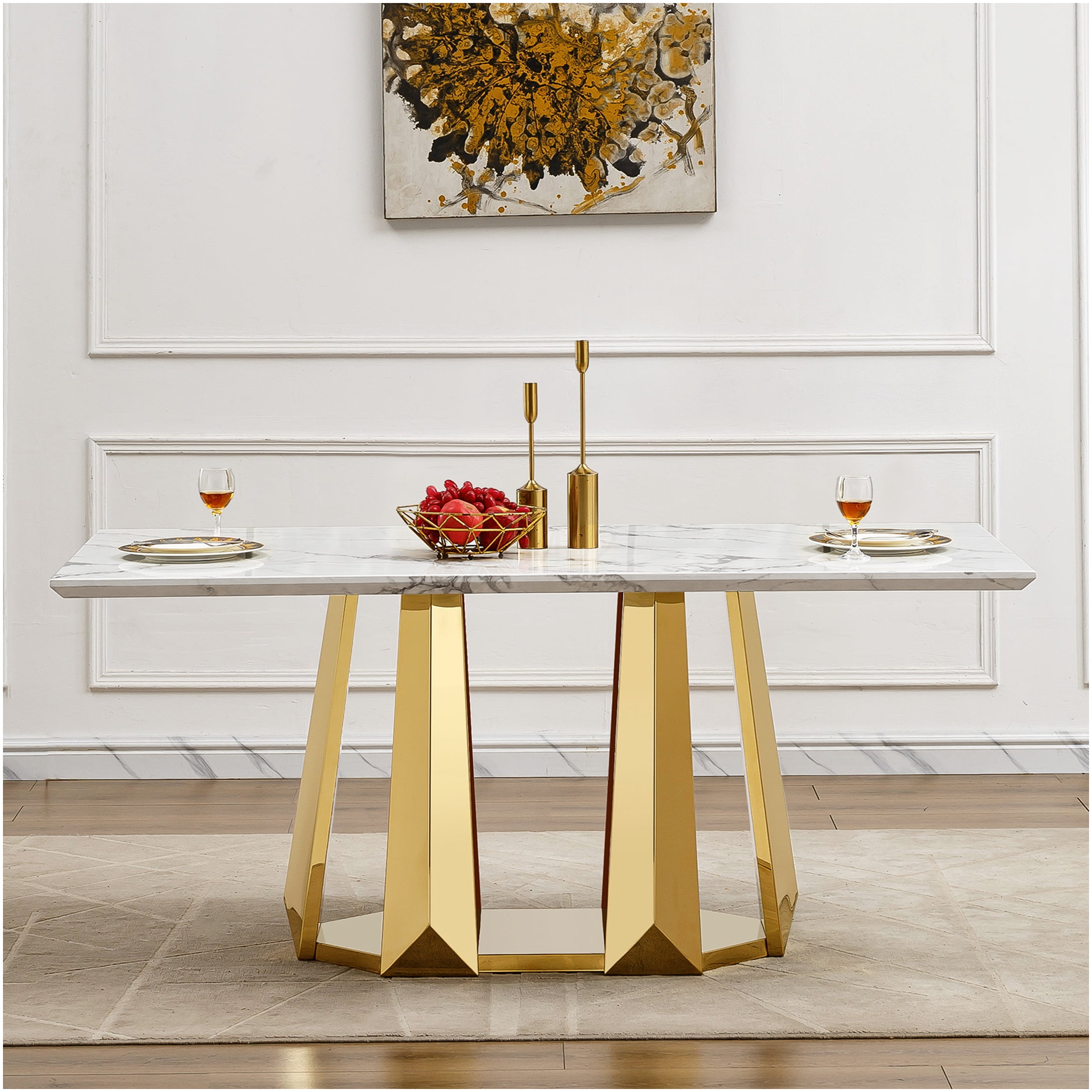 Modern 70 Inch Gold & White Faux Marble Dining Table with Stainless ...