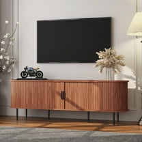 Modern 70" TV Stand for 80" TV, Wood Entertainment Center with Storage and Shelves, Tambour Door, Walnut