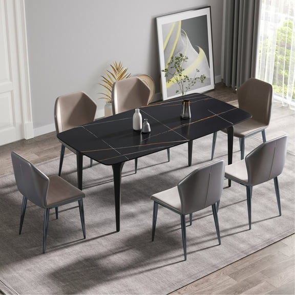 Modern 71.52" Black Dining Table - Sintered Stone & Metal Construction, Holds 6-8, High Hardness, , Fire Desk For Accommodates 6-8 Seats, Stable Structure, Heatproof, , Material