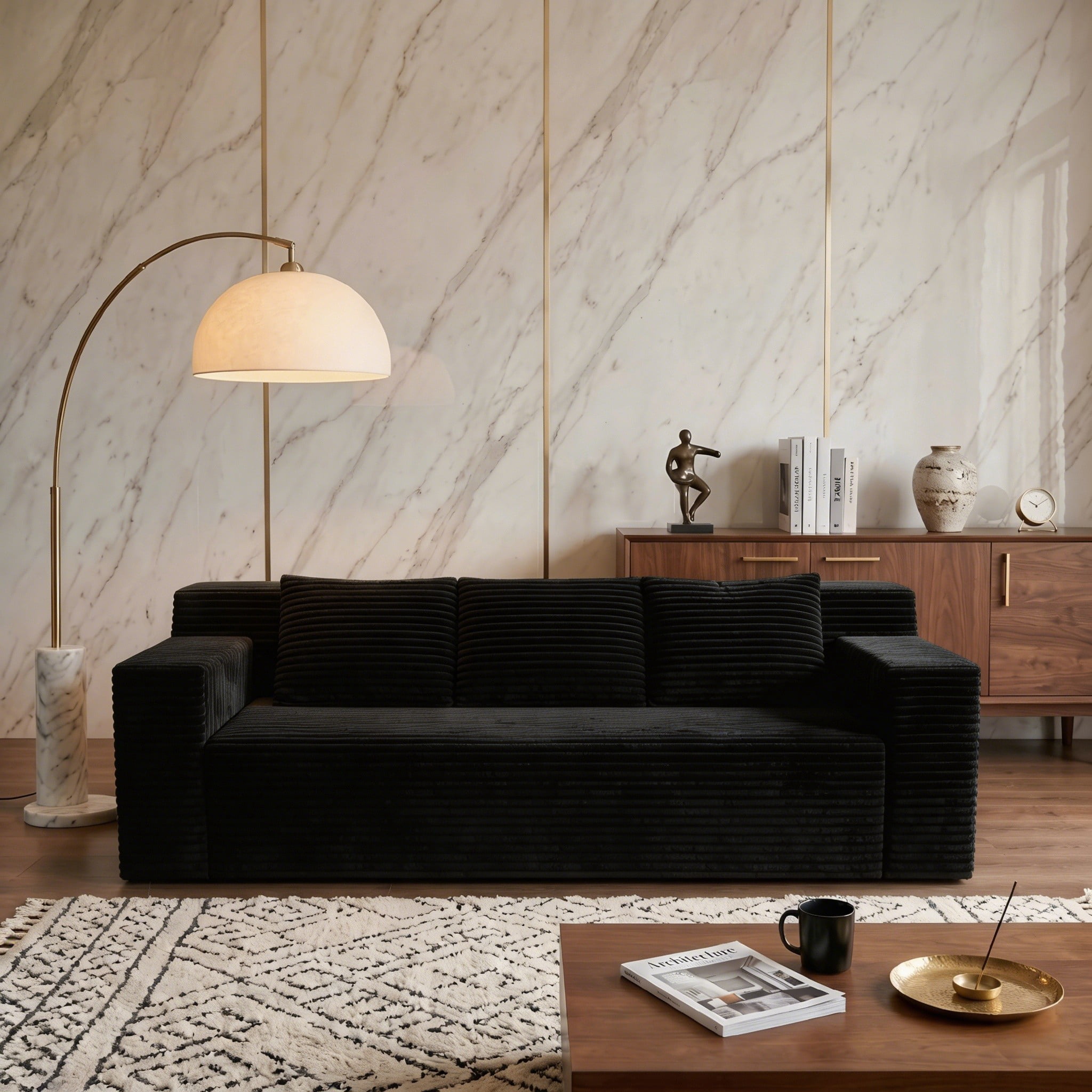 Modern 71" Corduroy Sofa, No Assembly Deep Seat Couch in a Box for Living Room, Black