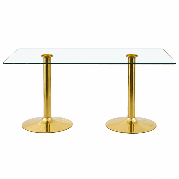Modern 71" Rectangular Glass Dining Table for 6-8 Person, Luxury Gold Double Pedestal Base Kitchen Table, 0.39" Thick Tempered Glass Top for Dining Room, Home & Boutique Hotel Aesthetic