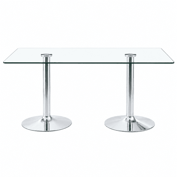 Modern 71" Rectangular Glass Dining Table for 6-8 Person, Luxury Silvery Double Pedestal Base Kitchen Table, 0.39" Thick Tempered Glass Top for Dining Room, Home & Boutique Hotel Aesthetic