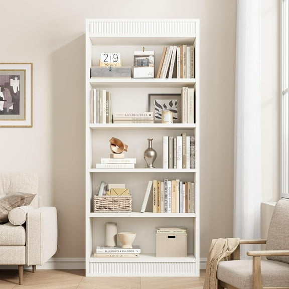Modern 71" Tall Bookcase with Display Rack & Fluted Design, 5 Tier Farmhouse Bookshelf with Wood Base, Rustic Vintage Book Shelf Wood Bookshelf for Office Library