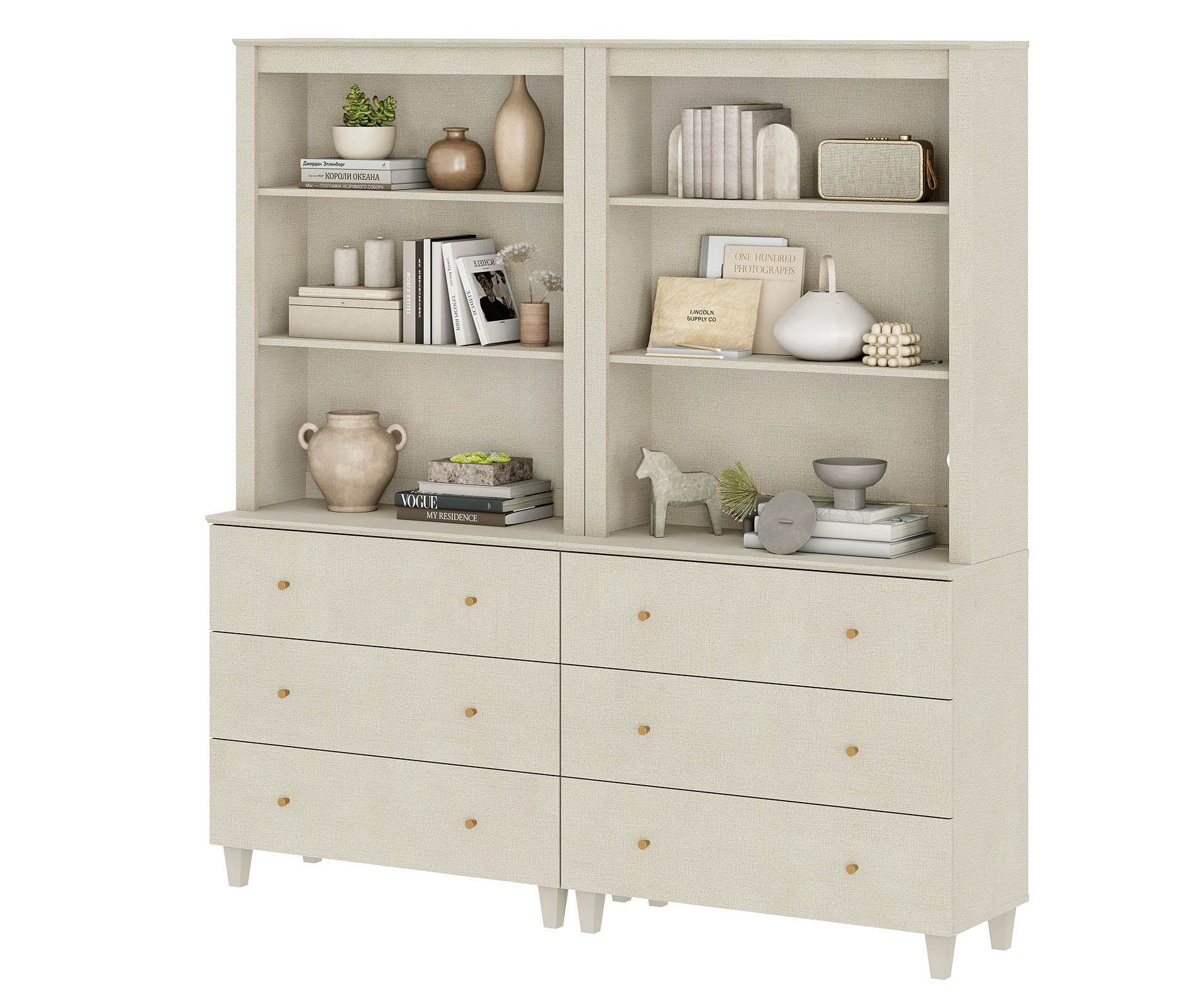 Modern 71" Tall Bookcase with 6 Drawers, 2 Columns 3-Tier for Home Office,Beige Linen Printed