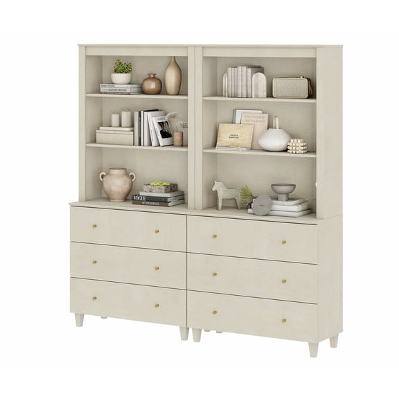 Modern 71" Tall Bookcase with 6 Drawers, 2 Columns 3-Tier for Home Office,Beige Linen Printed