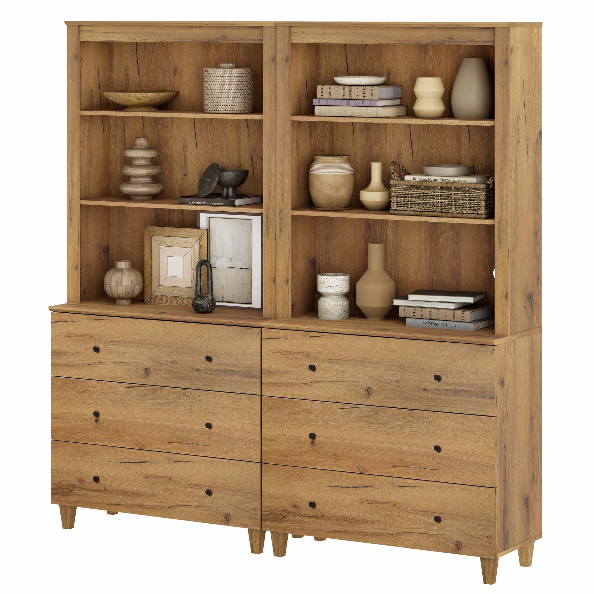 Modern 71" Tall Bookcase with 6 Drawers, 2 Columns 3-Tier for Home Office,Dark Brown Wood