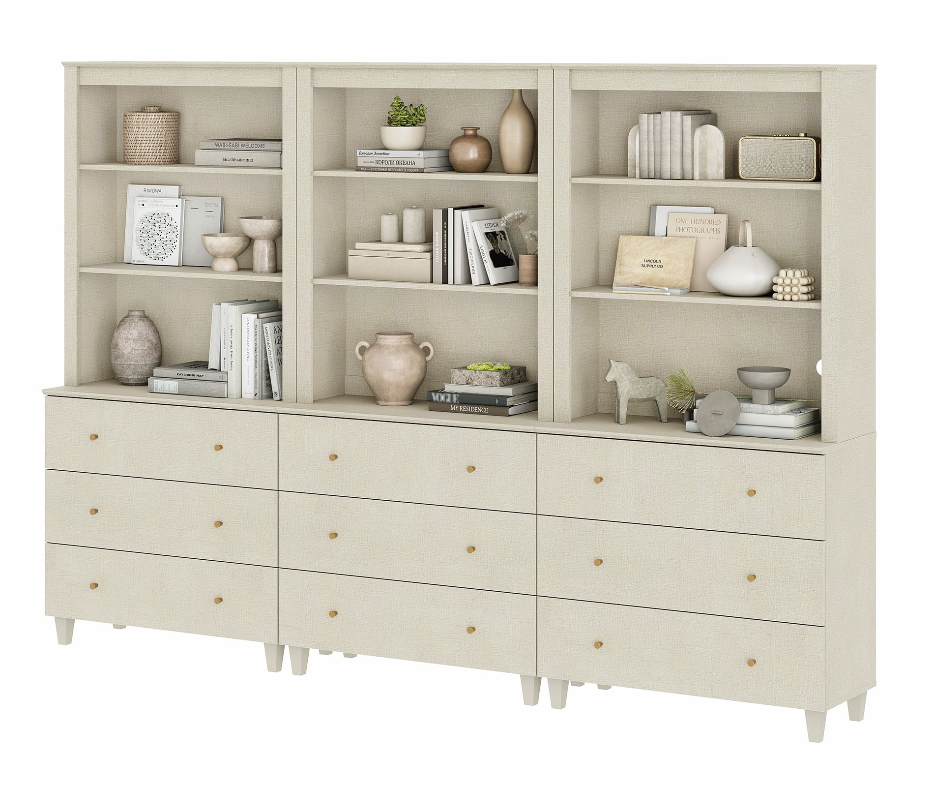 Modern 71" Tall Bookcase with 9 Drawers, 3 Columns 3-Tier for Home Office,Beige Linen Printed