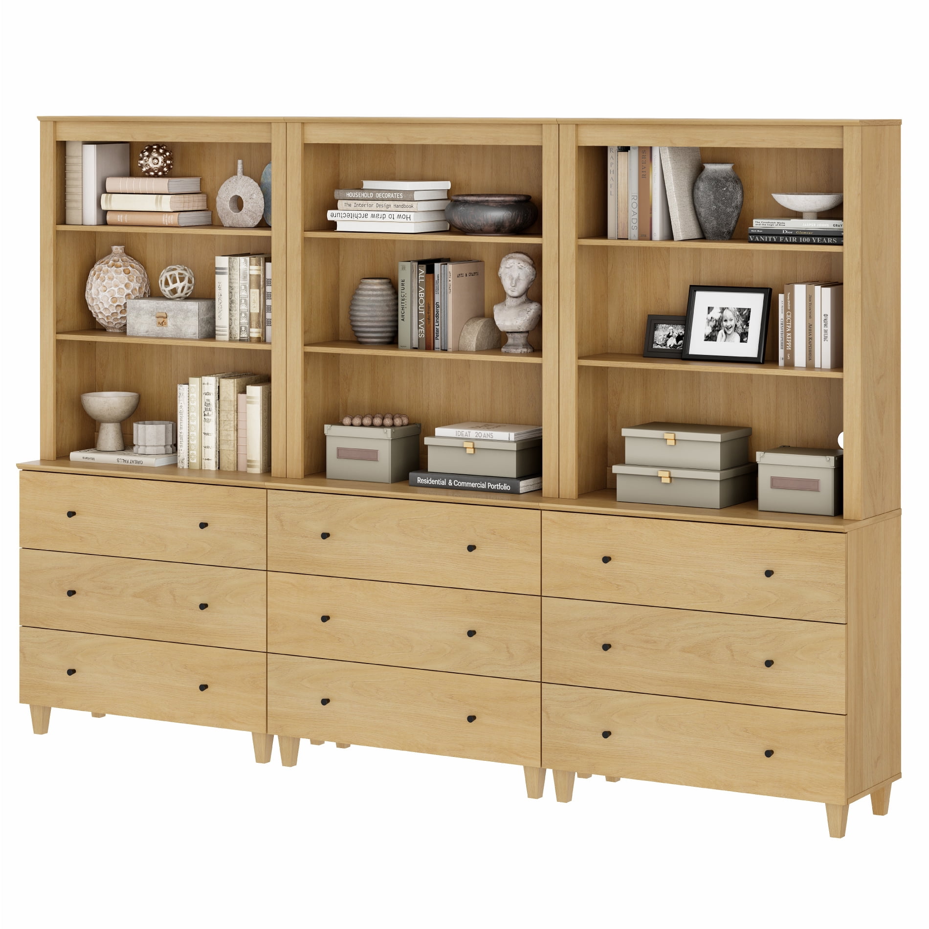 Modern 71" Tall Bookcase with 9 Drawers, 3 Columns 3-Tier for Home Office,Oak Wood