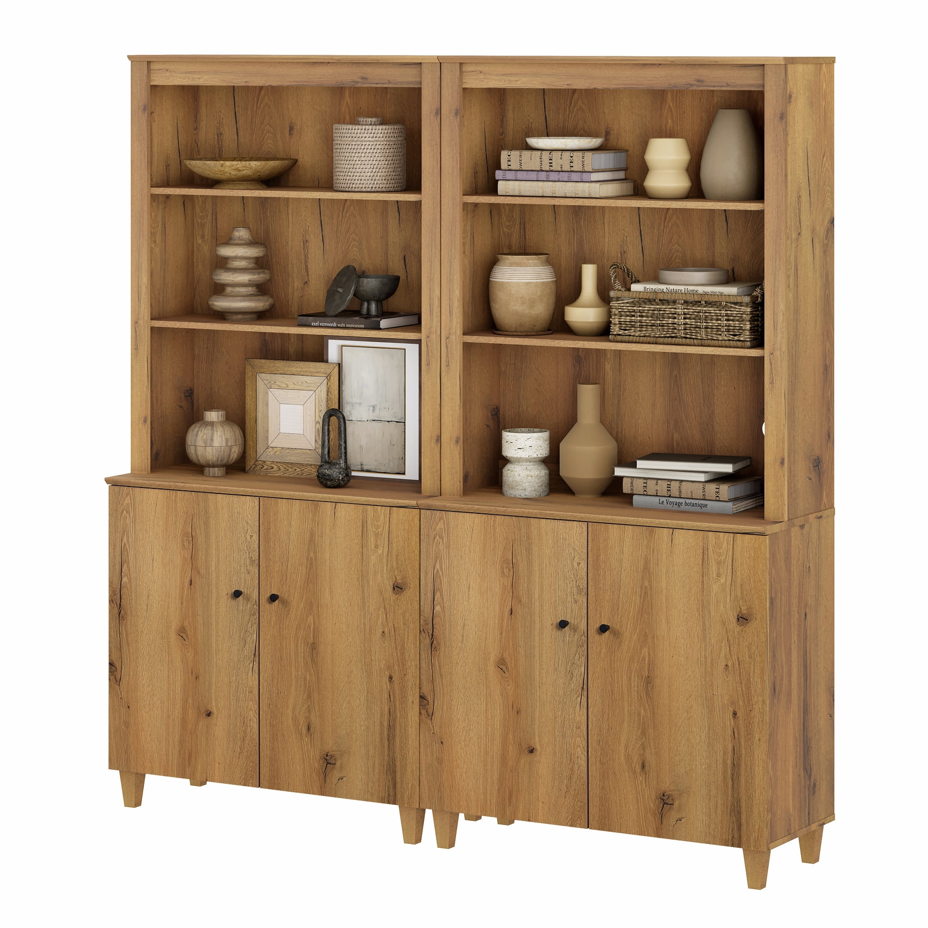 Modern 71" Tall Bookcase with Cabinets, 2 Column 5 Tiers for Home Office,Dark Brown Wood