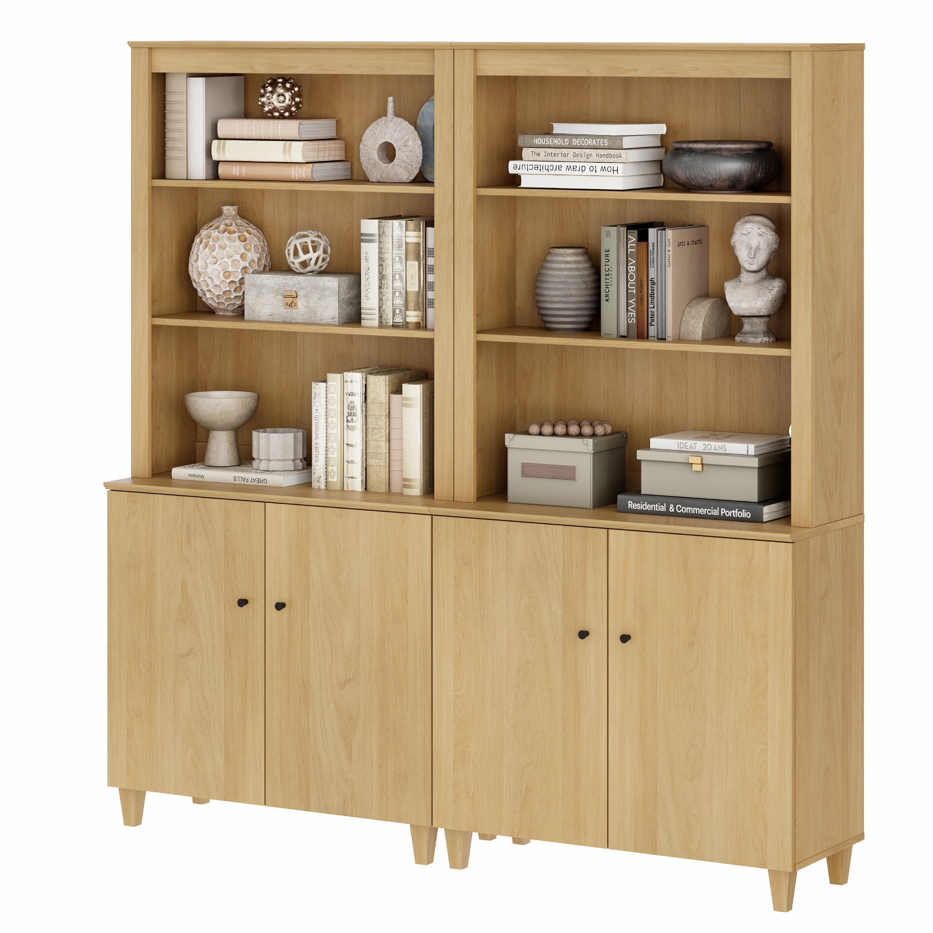 Modern 71" Tall Bookcase with Cabinets, 2 Column 5 Tiers for Home Office,Oak Wood
