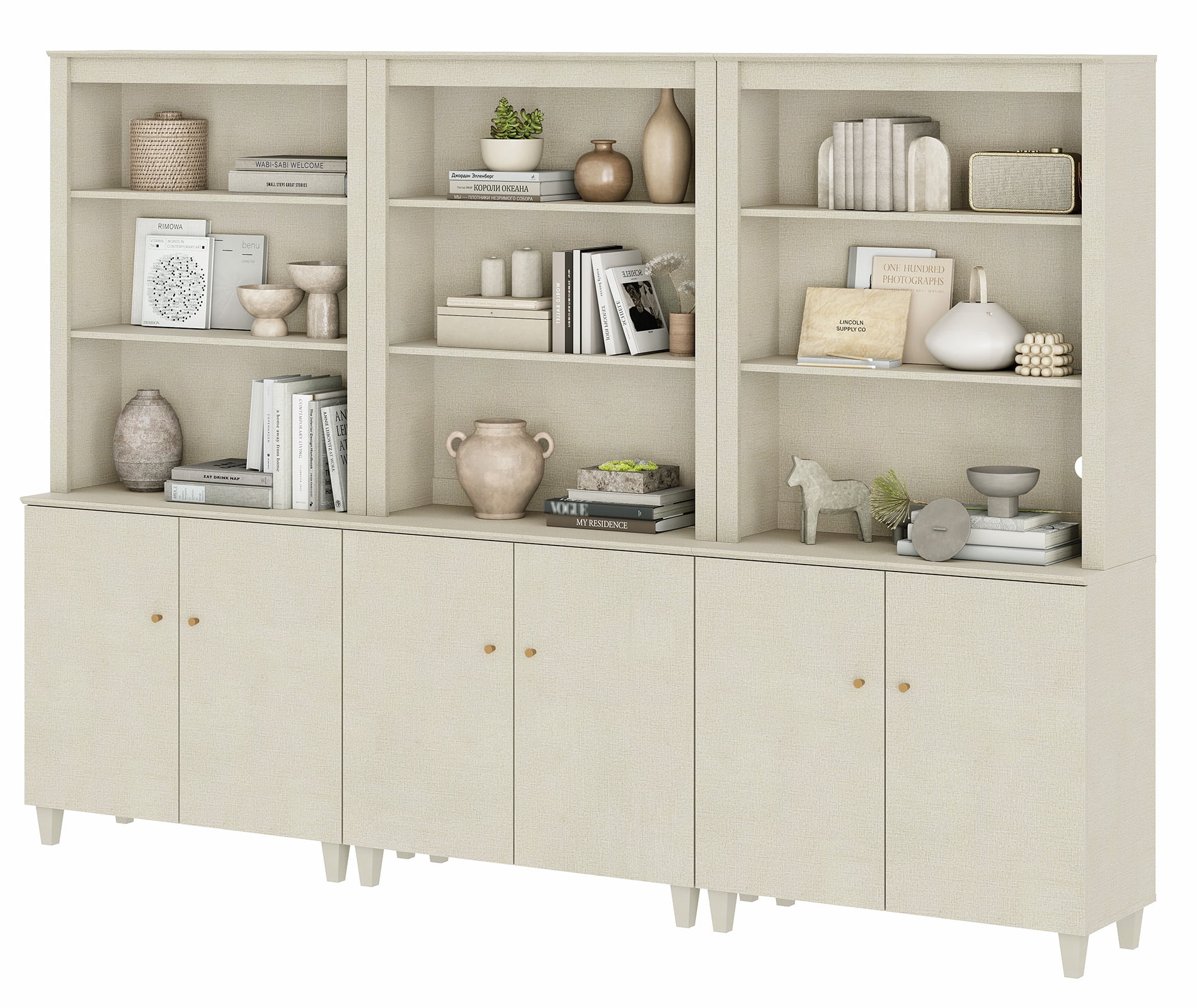 Modern 71" Tall Bookcase with Cabinets, 3 Columns 5-Tier for Home Office,Beige Linen Printed