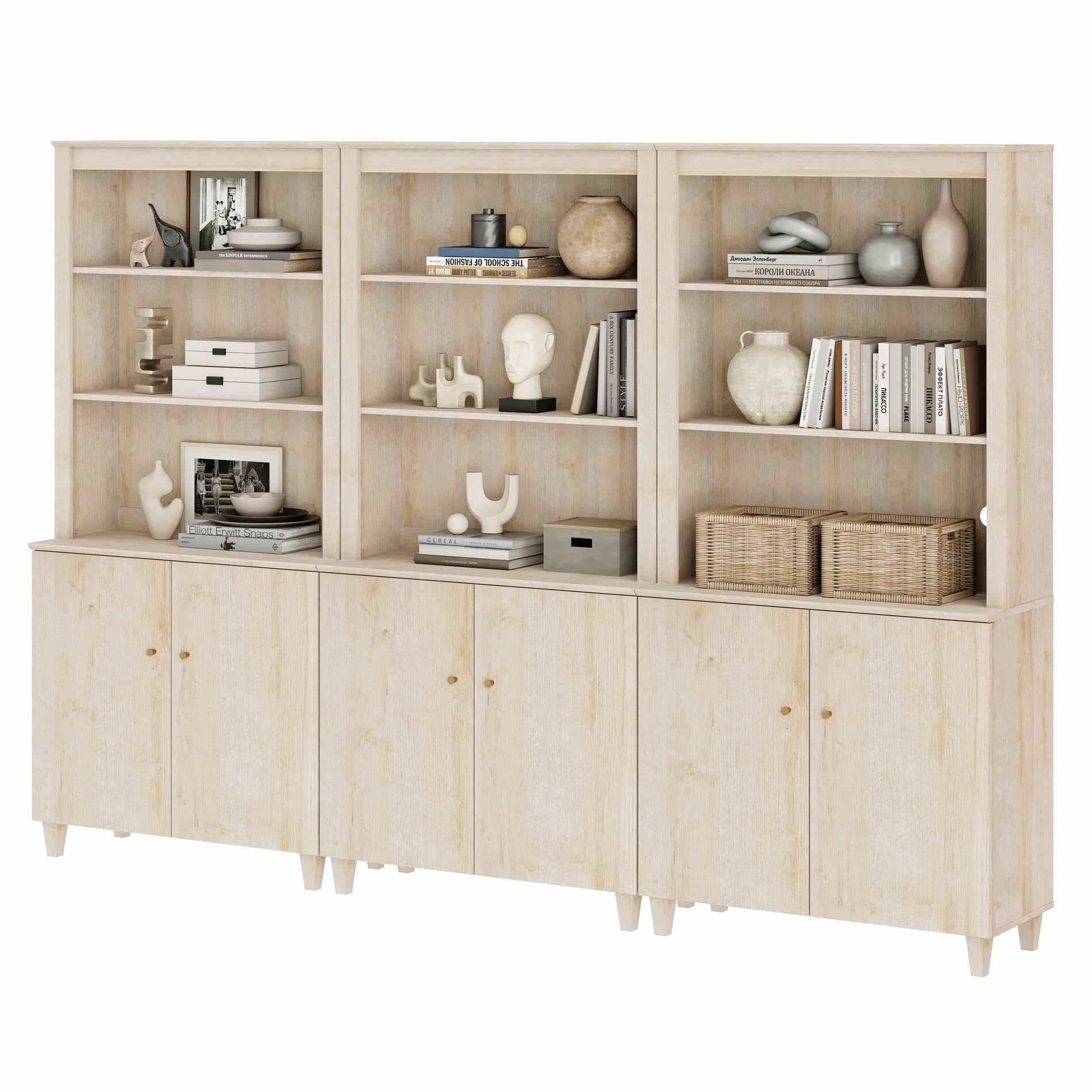 Modern 71" Tall Bookcase with Cabinets, 3 Columns 5-Tier for Home Office,Natural Oak