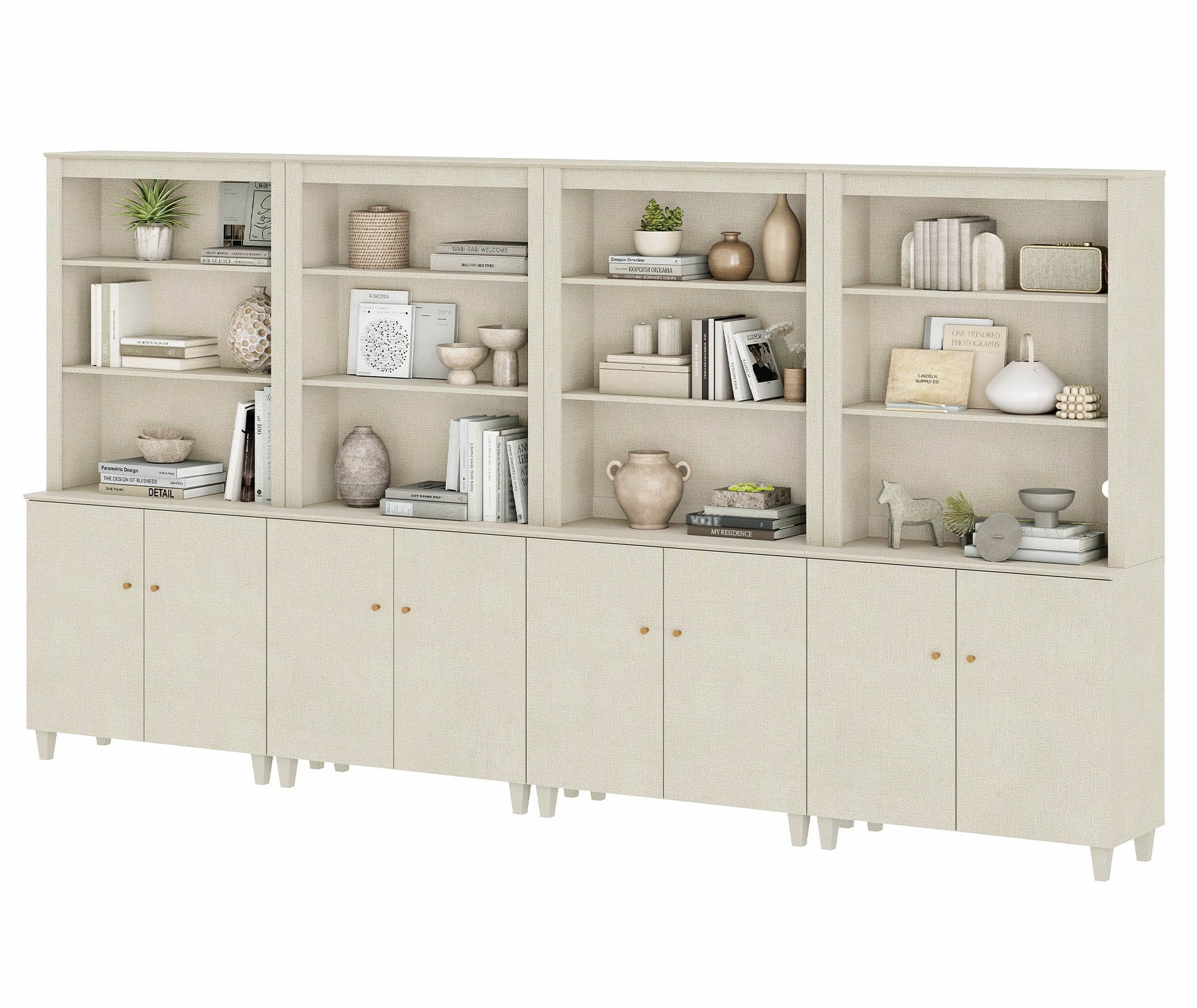 Modern 71" Tall Bookcase with Cabinets, 4 Columns 5-Tier for Home Office,Beige Linen Printed