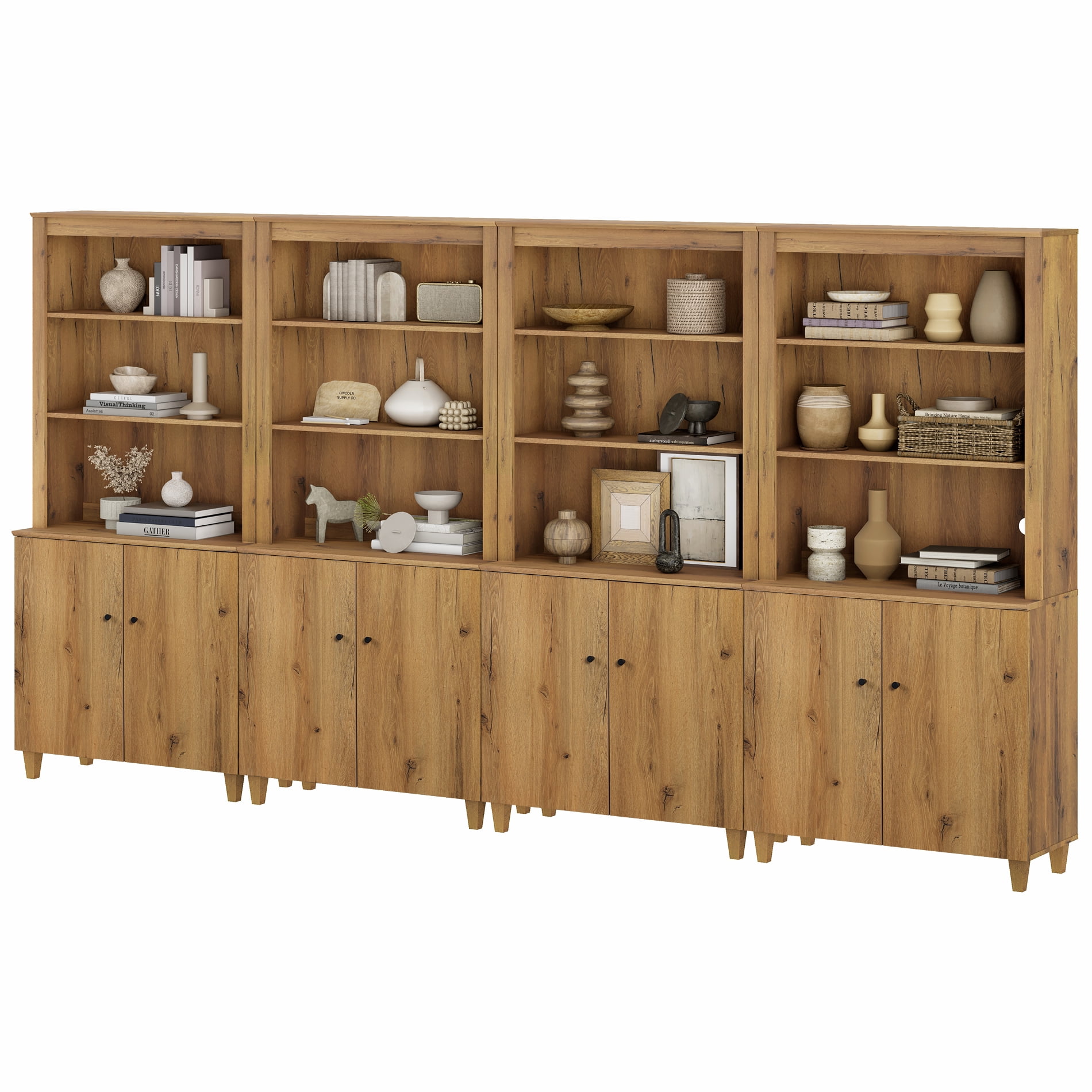 Modern 71" Tall Bookcase with Cabinets, 4 Columns 5-Tier for Home Office,Dark Brown Wood