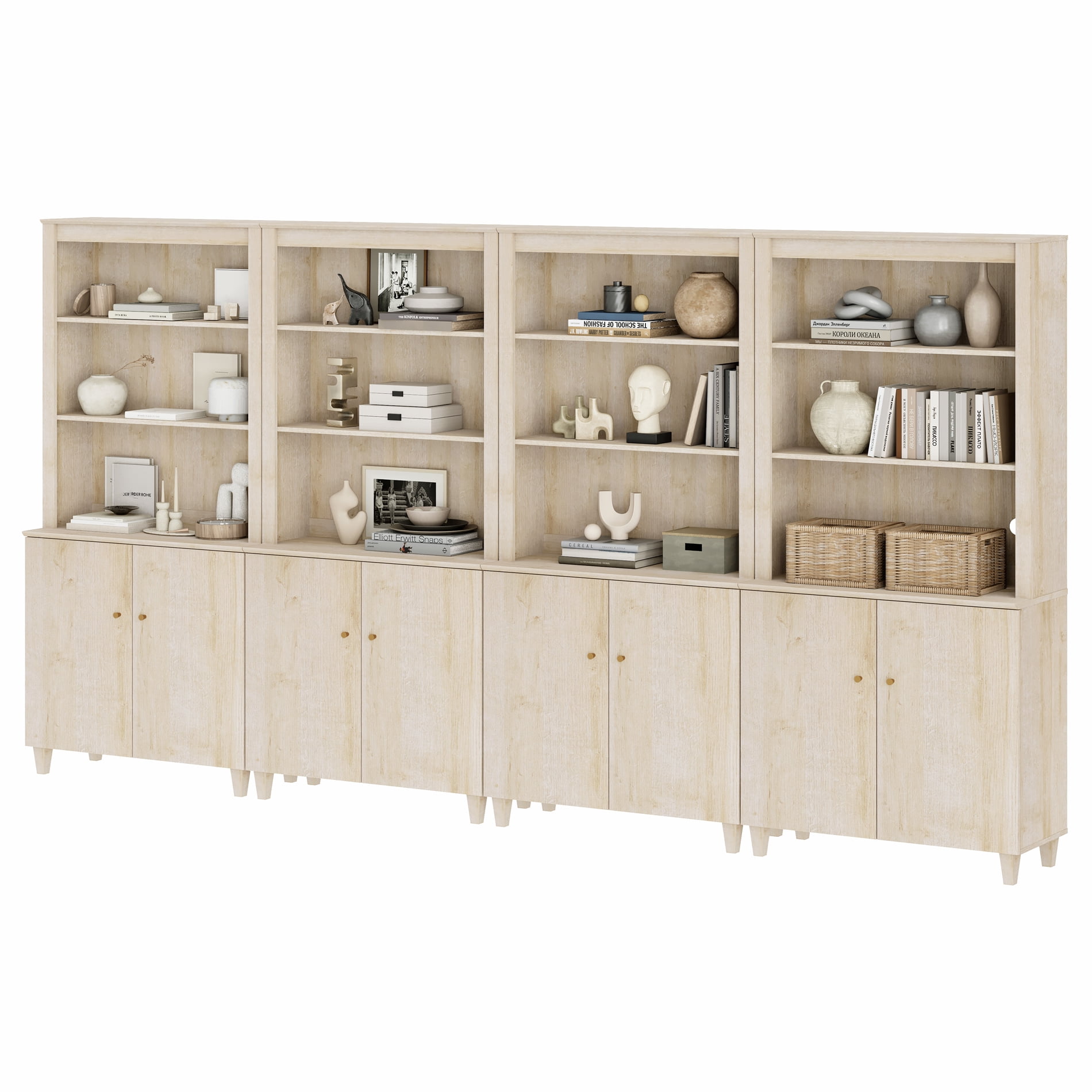 Modern 71" Tall Bookcase with Cabinets, 4 Columns 5-Tier for Home Office,Natural Oak