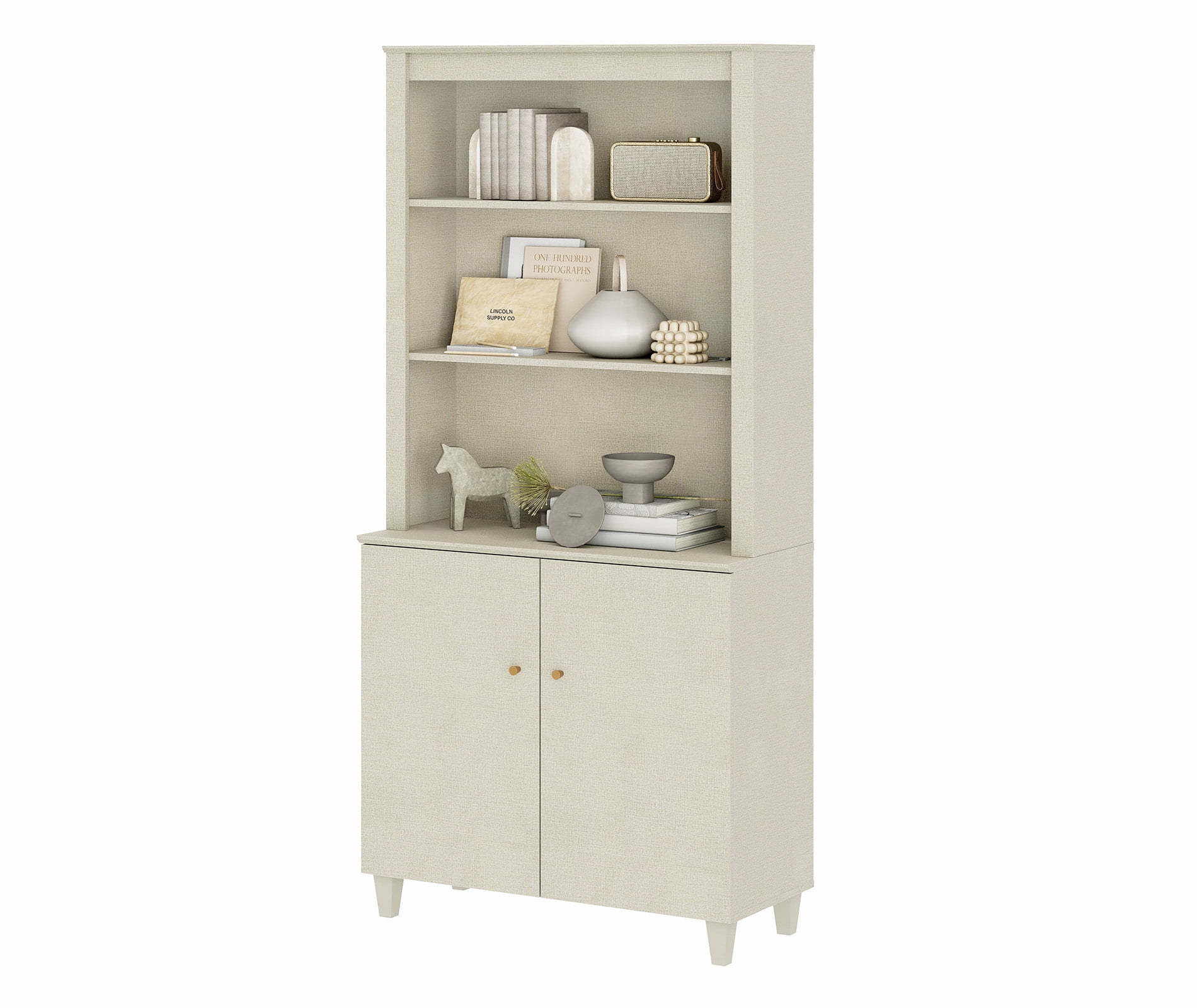 Modern 71" Tall Bookcase with Doors & Storage Cabinet for Home Office,Beige Linen Printed