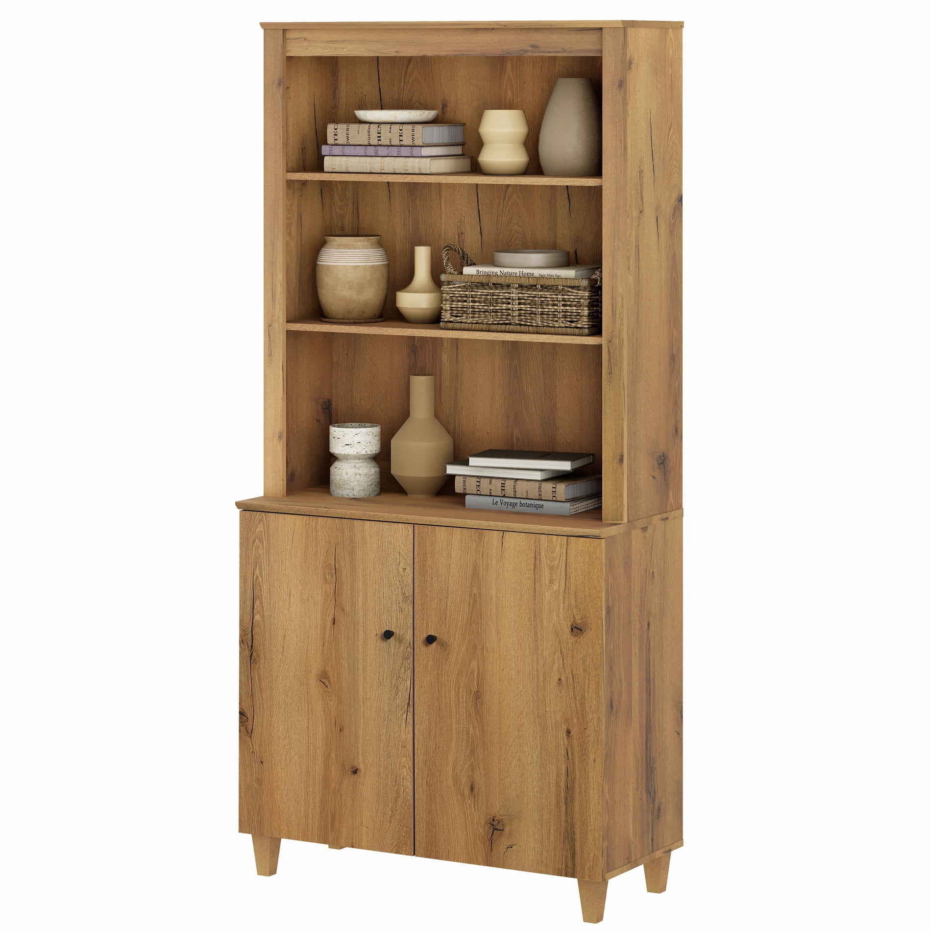 Modern 71" Tall Bookcase with Doors & Storage Cabinet for Home Office,Dark Brown Wood