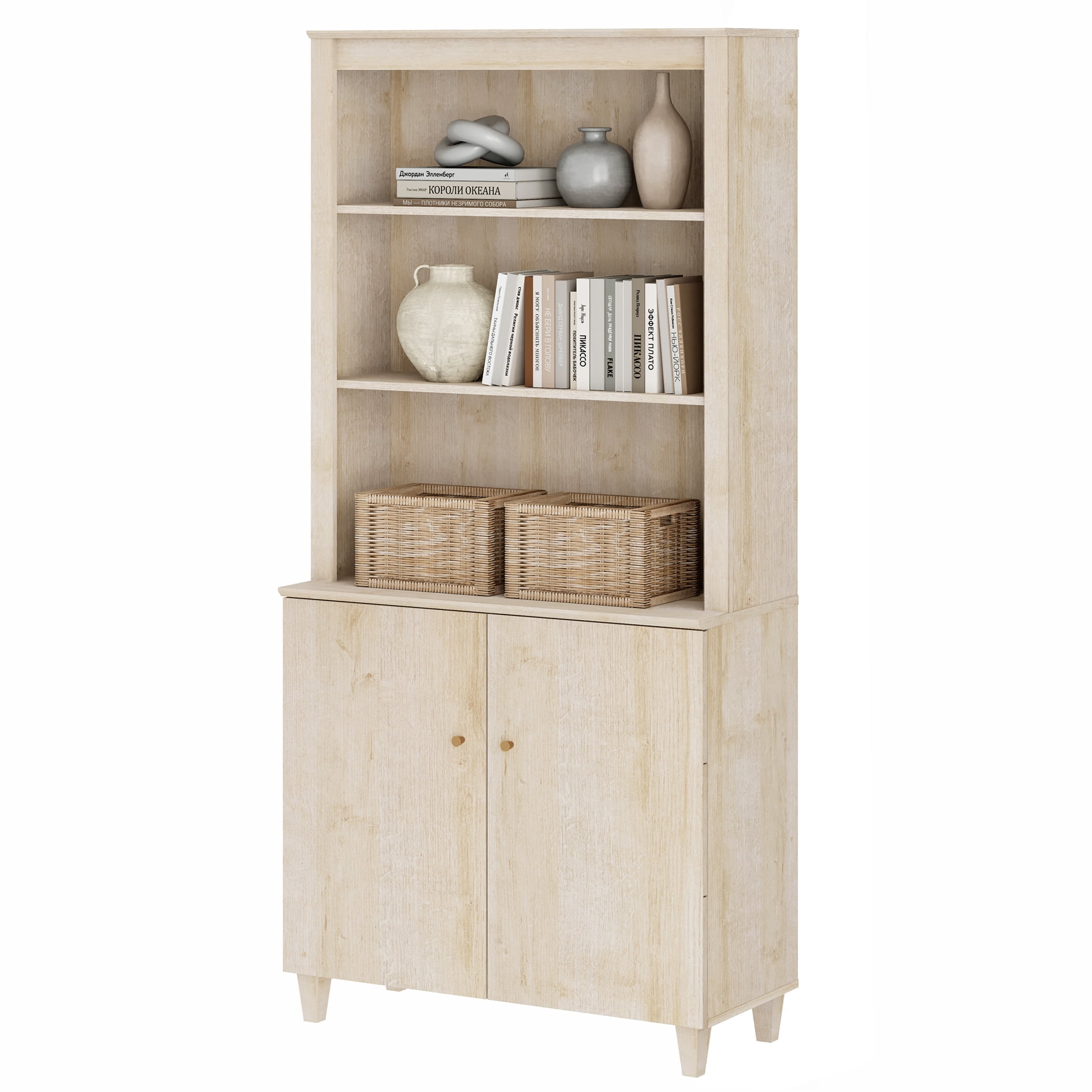 Modern 71" Tall Bookcase with Doors & Storage Cabinet for Home Office,Natural Oak