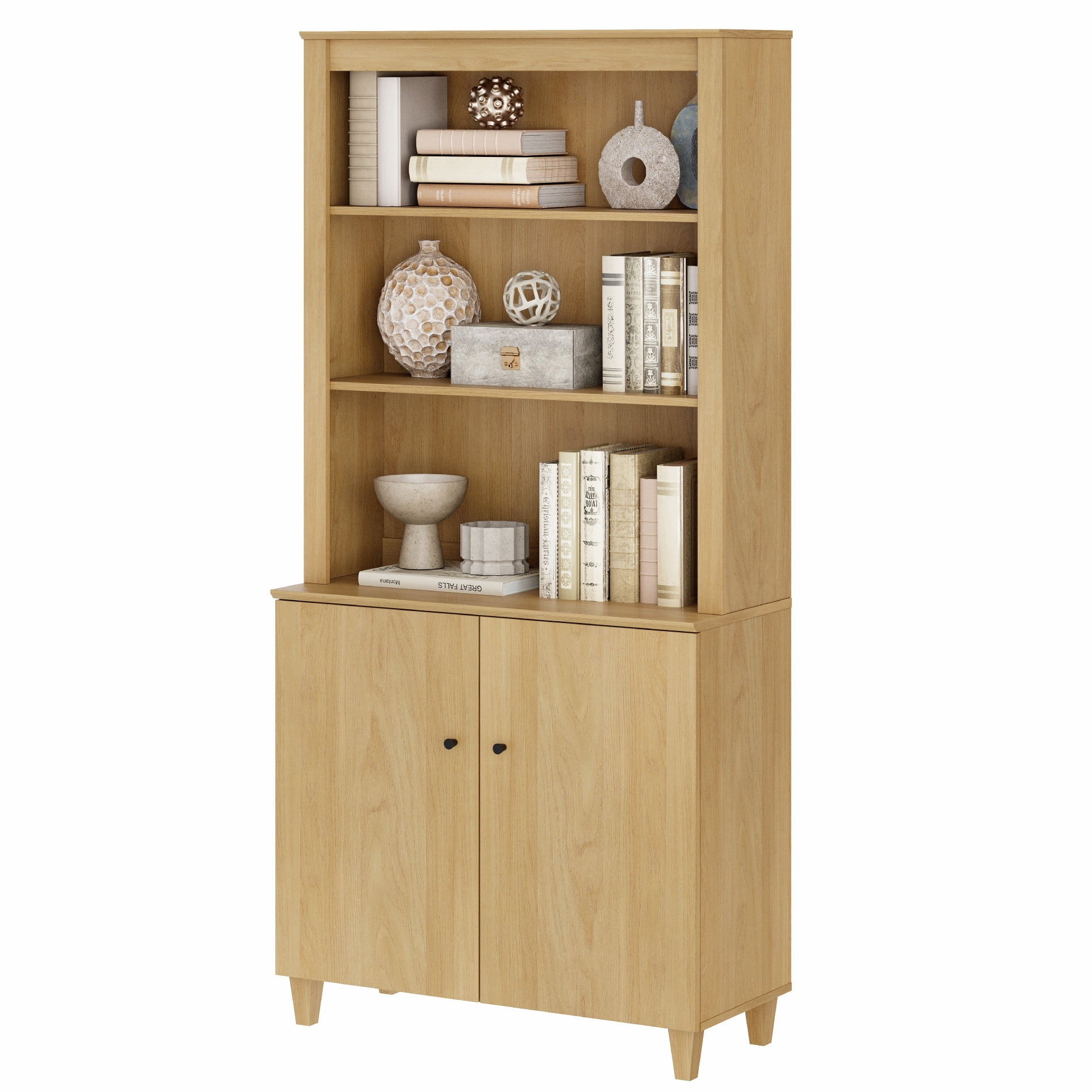 Modern 71" Tall Bookcase with Doors & Storage Cabinet for Home Office,Oak Wood