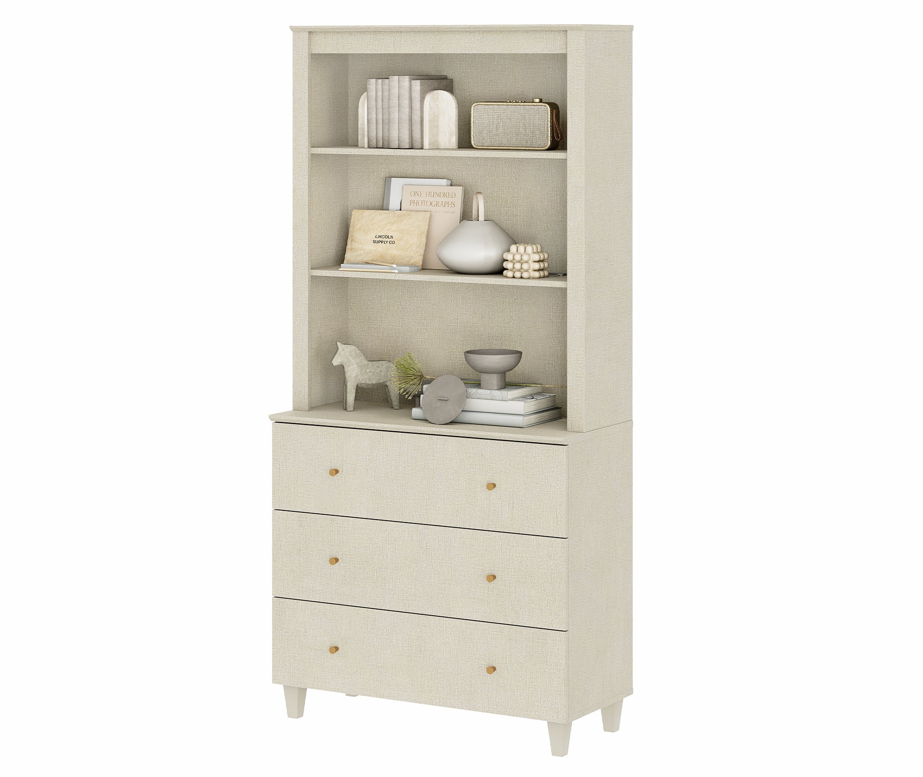 Modern 71 inches Tall Bookcase with 3 Drawers, 3-Tier for Home Office,Beige Linen Printed
