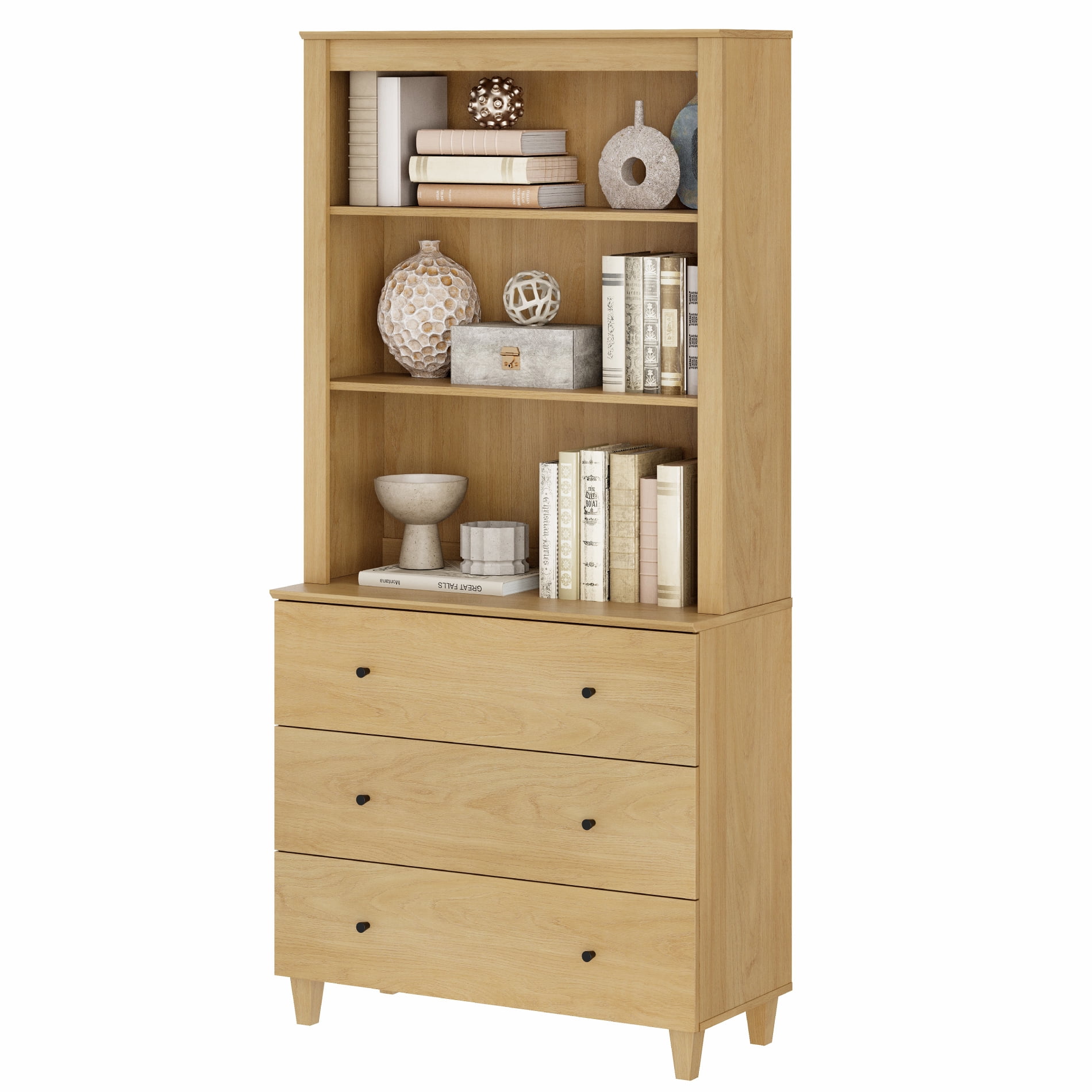 Modern 71 inches Tall Bookcase with 3 Drawers, 3-Tier for Home Office,Oak Wood
