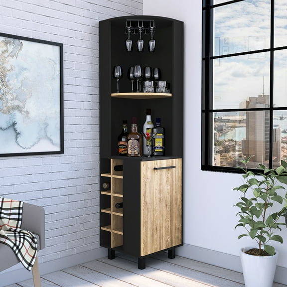 Modern 72.79" Tall Corner Bar Cabinet With Four Shelves & Ten Wine Bottle In Black For Room 70" And Swimming Gear Storage