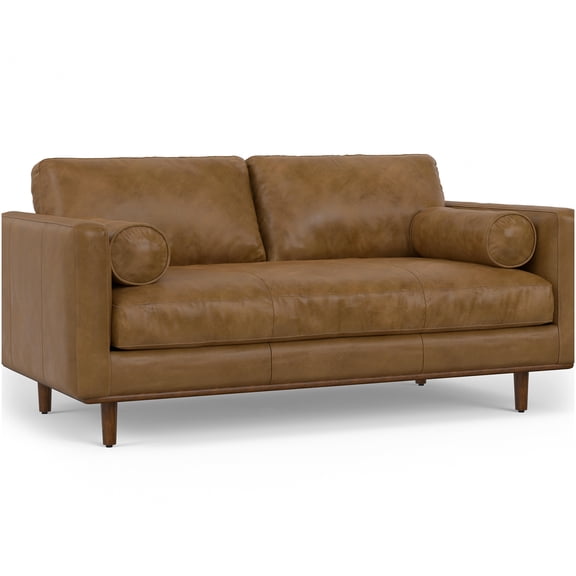 Modern 72" Genuine Leather Sofa in Light Brown, Mid-Century Design Loveseat for Small Spaces