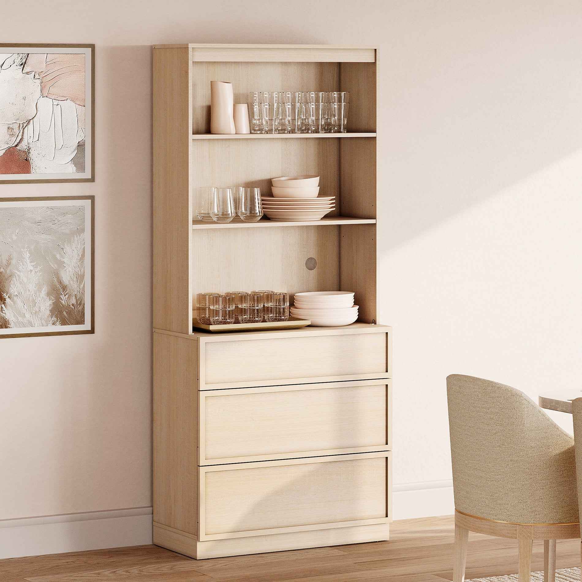 Modern 72" Tall 31.5" Wide Wood Sideboard Buffet with 3 Drawers & Open Shelves for Dining Kitchen,Beige