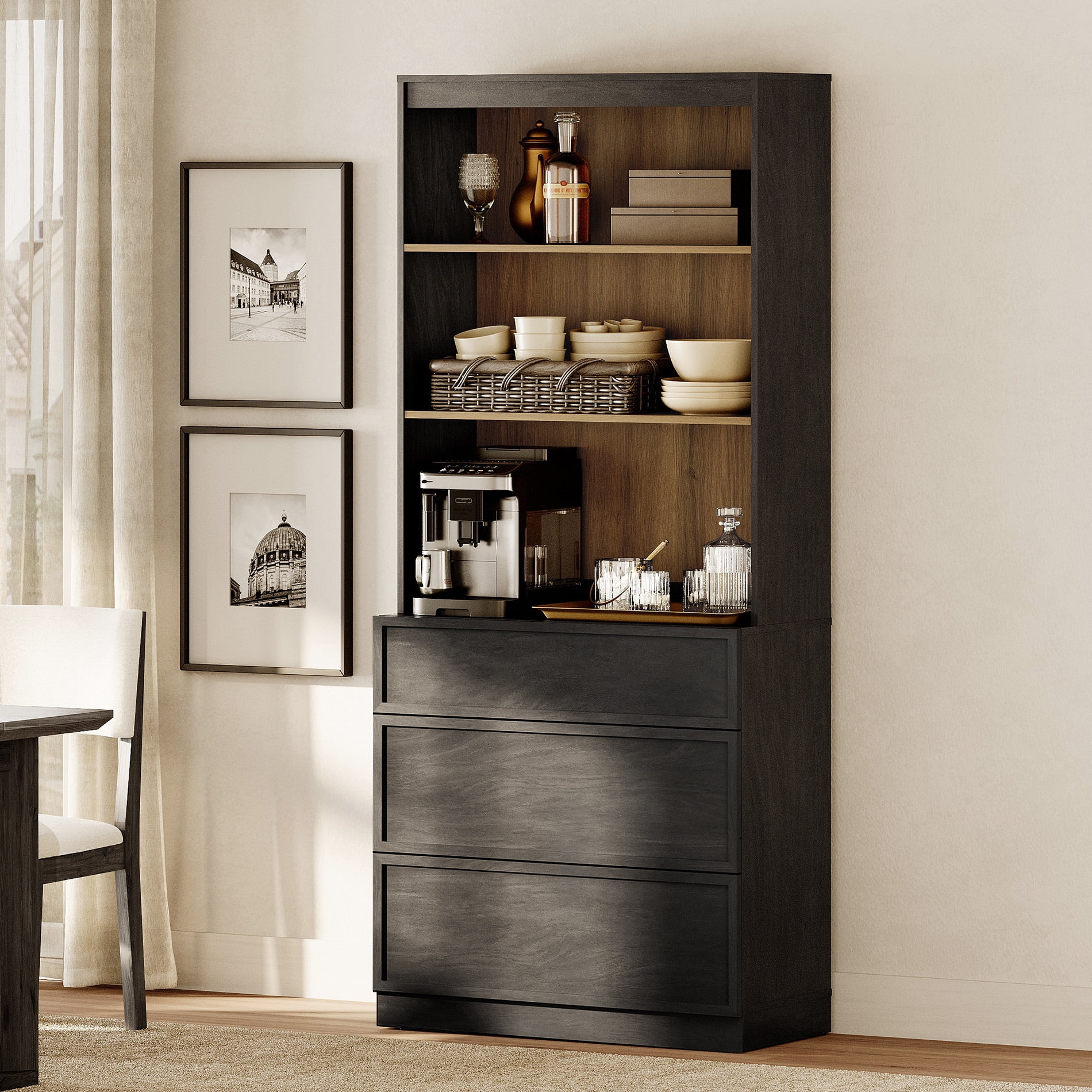 Modern 72" Tall 31.5" Wide Wood Sideboard Buffet with 3 Drawers & Open Shelves for Dining Kitchen,Black